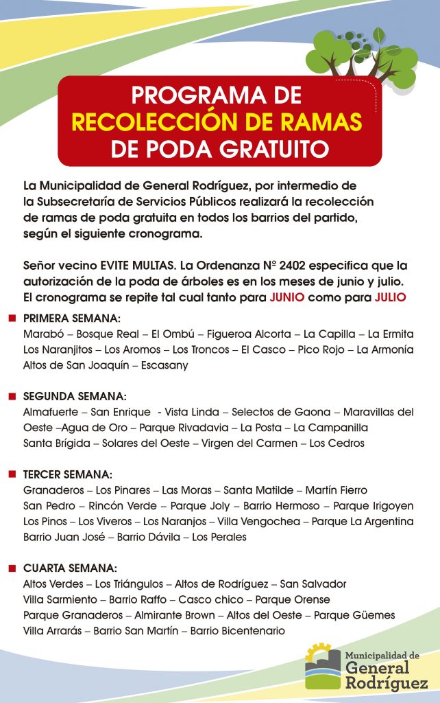 Cronograma para el servicio de recolección de ramas de poda gratuito –  Noticias | Municipalidad de General Rodríguez